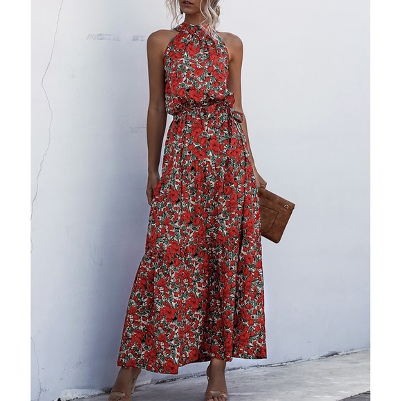 Red Green Floral Ruffle Hem Belted Halter Maxi Dress - Picture 7 of 8